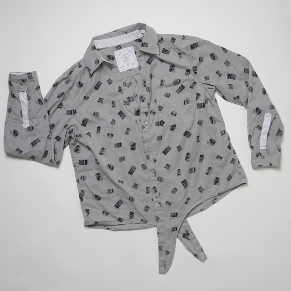 Style & Co. Tops - Style & Co Grey Camera Print Crop Tie Button Down